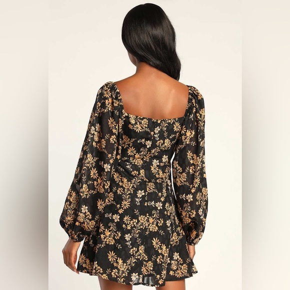 Lulu's Dressed Up Darling Black Gold Floral Balloon Sleeve Mini Dres Long Sleeve - Picture 4 of 15